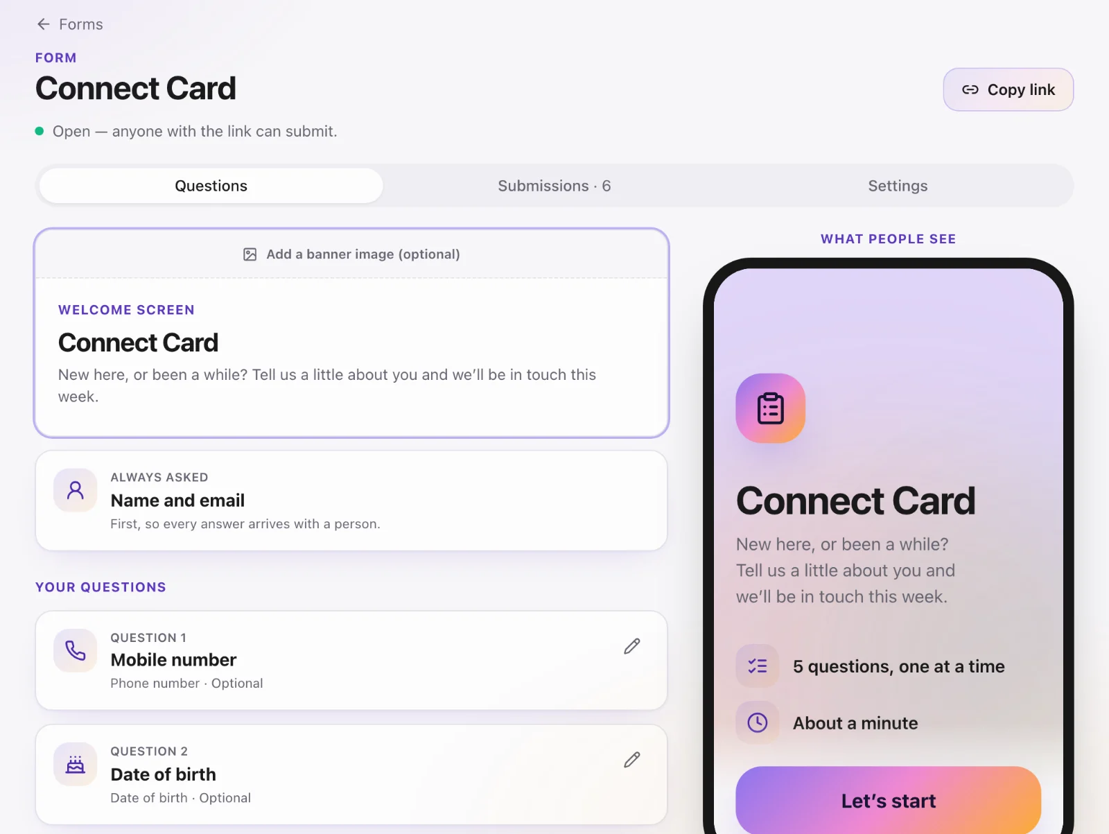 Building a form: Add questions