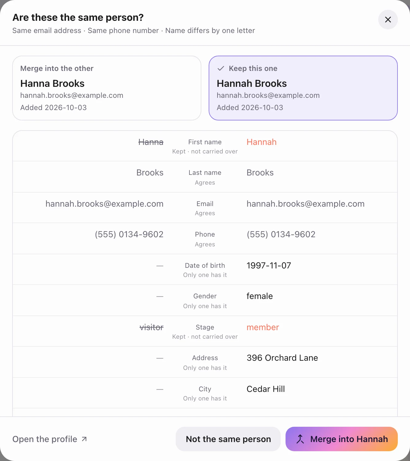 Merging duplicate people: Compare and choose a keeper