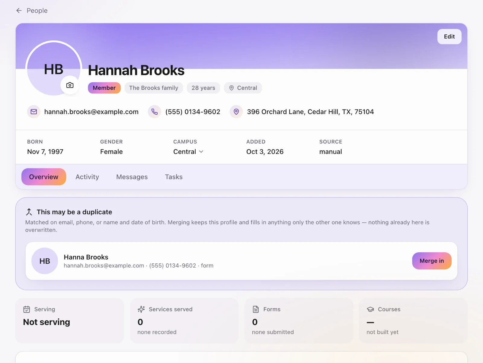 Editing a person’s profile: Open the person