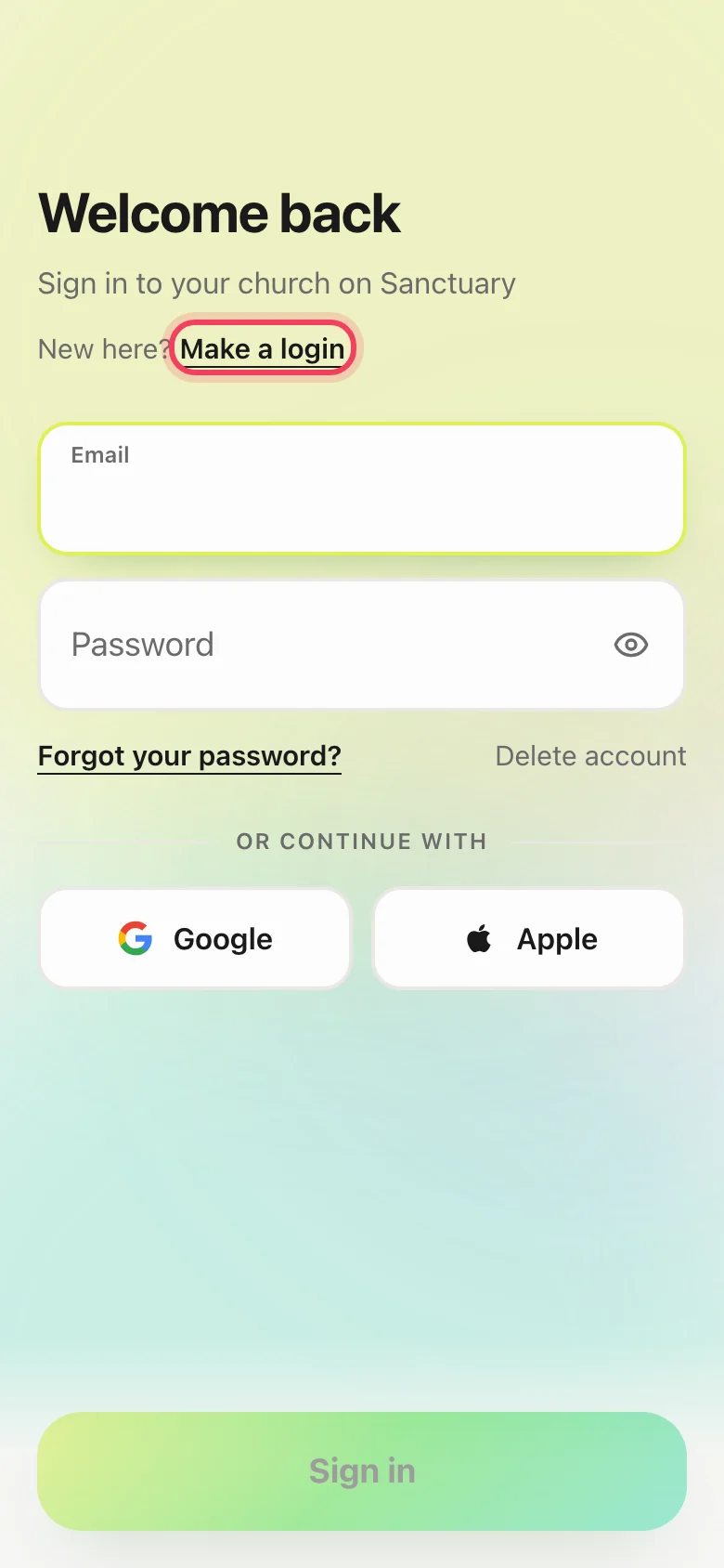 Create your account: Open Create account