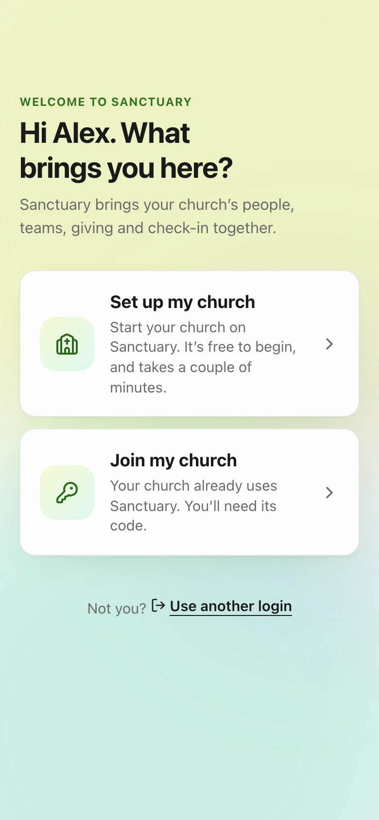 Create your account: You are not in a church yet