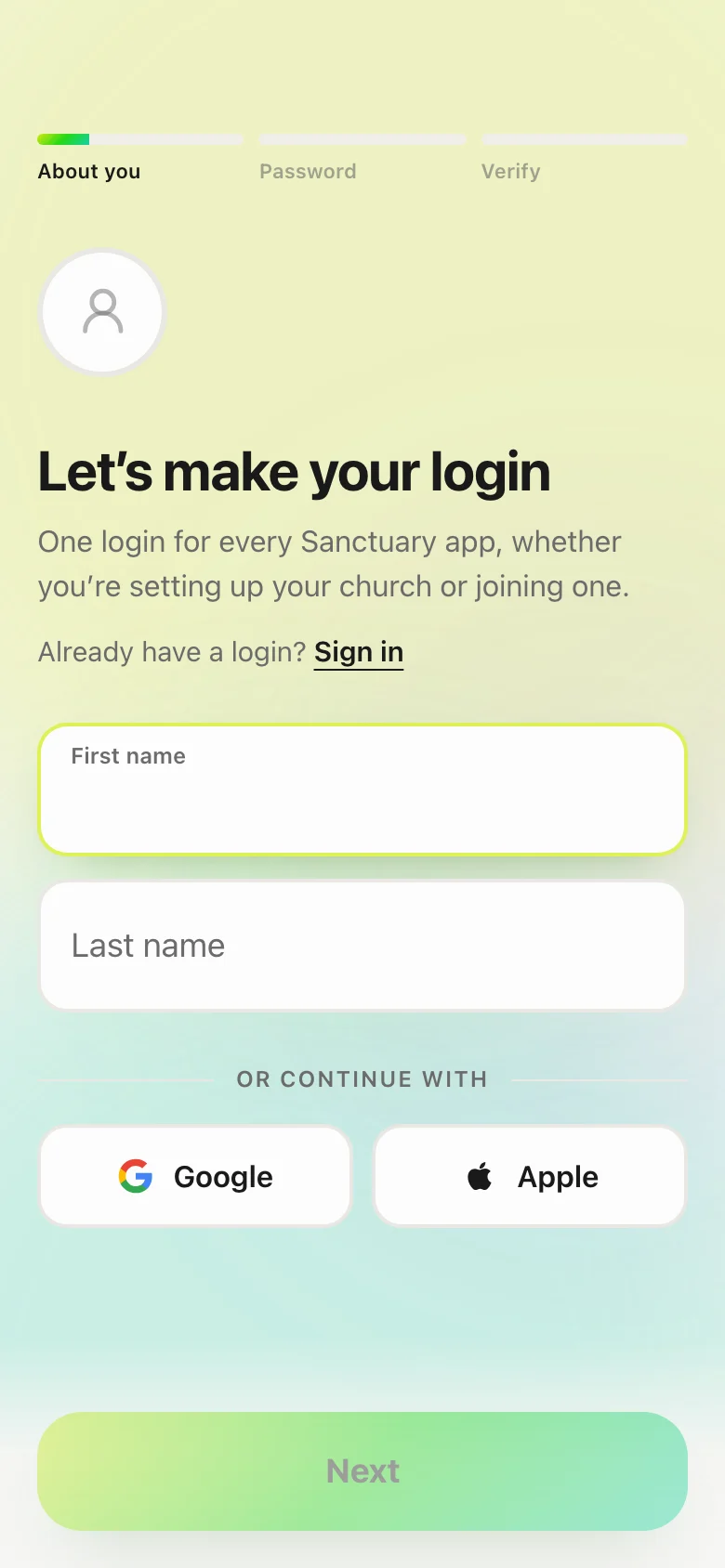 Create your account: Email, or Google / Apple