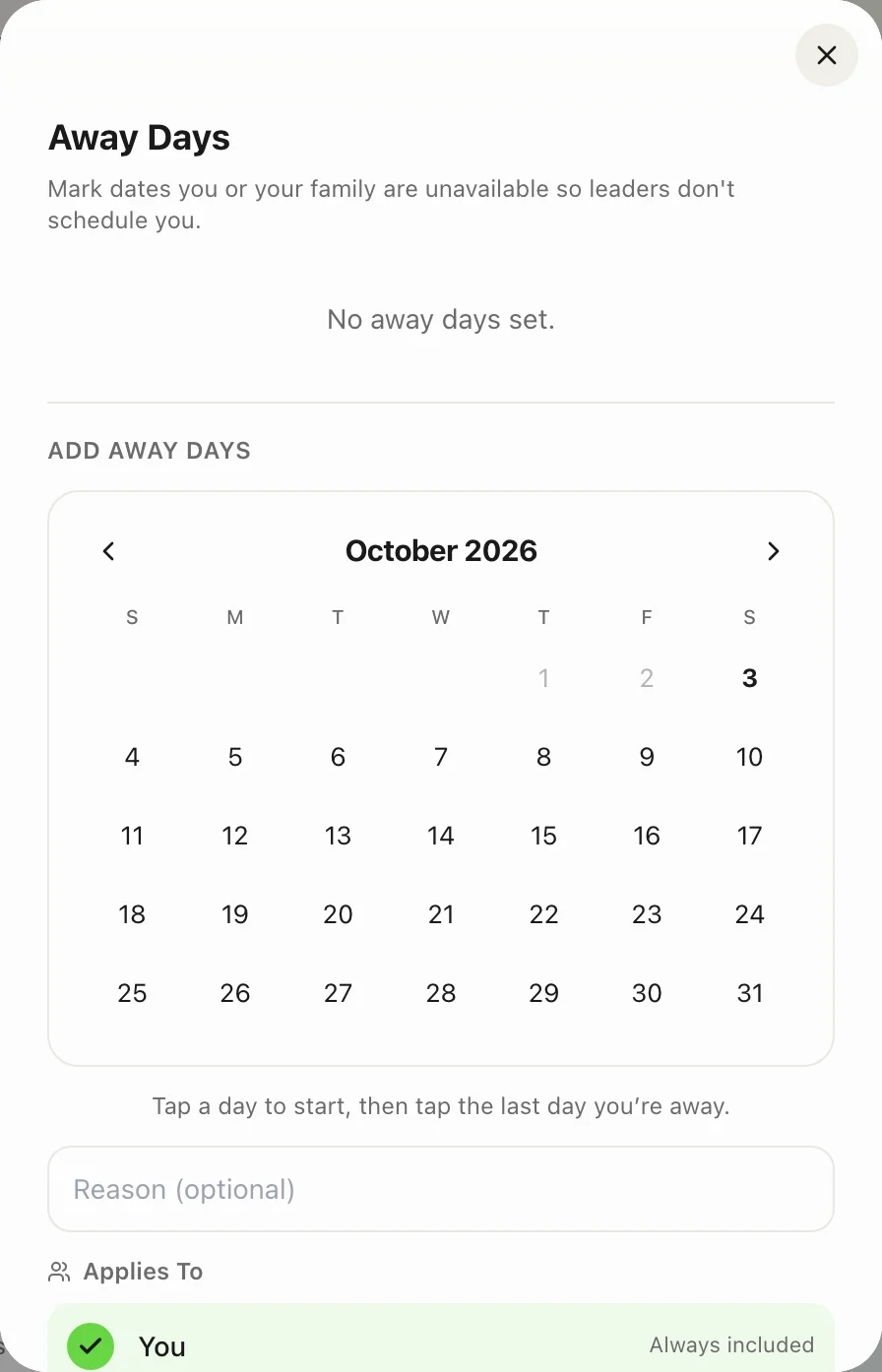 Managing availability and away dates: Open Away Days