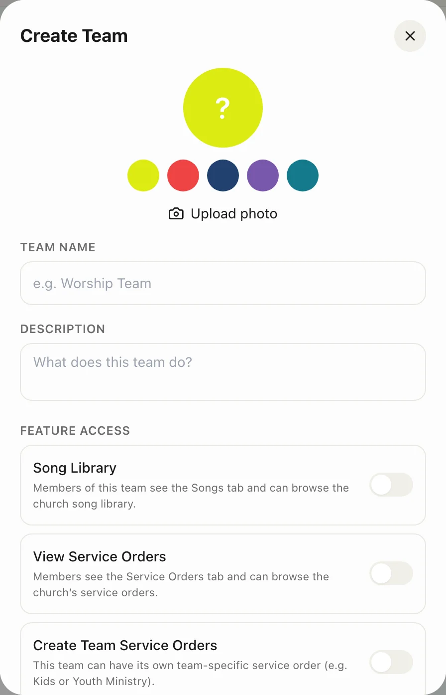 Creating a team: Start creating