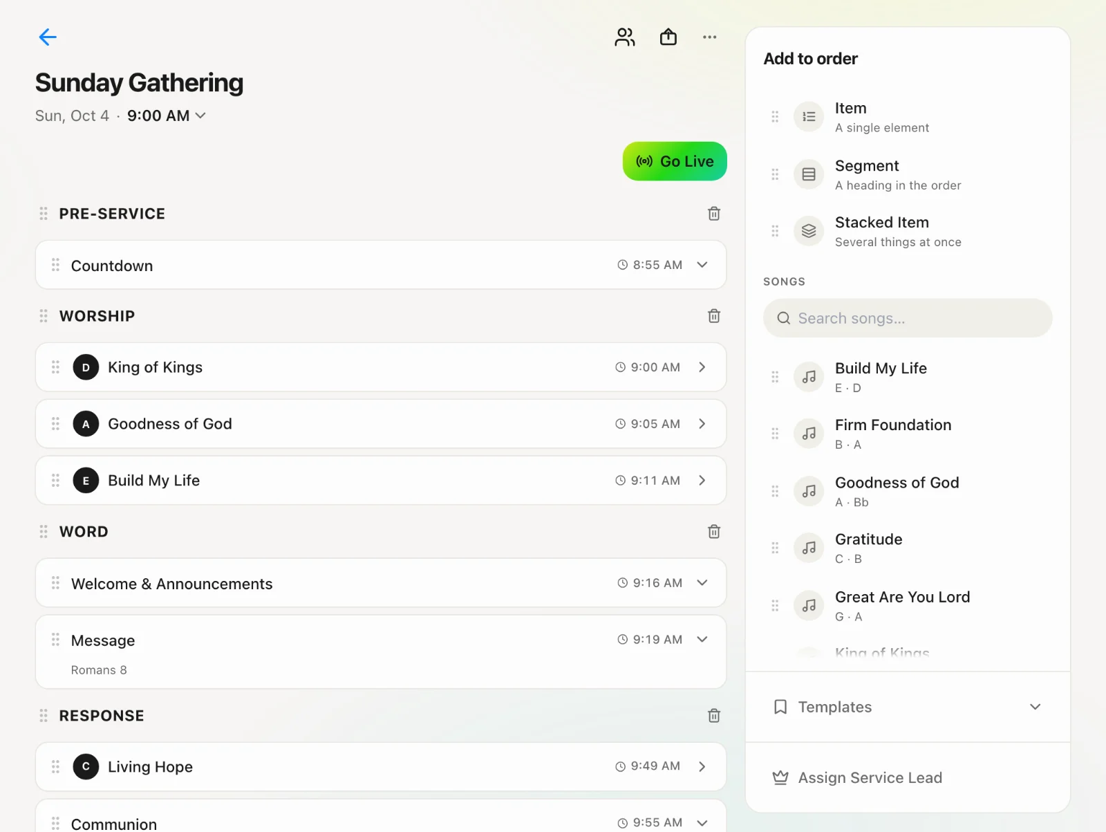 Creating a service order: Add segments and items